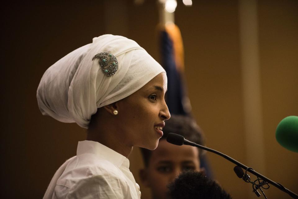 Ilhan Omar&nbsp;delivers her acceptance&nbsp;speech on Nov. 8, 2016, after being elected to the Minnesota state House of Representatives. (Photo: STEPHEN MATUREN/AFP/Getty Images)
