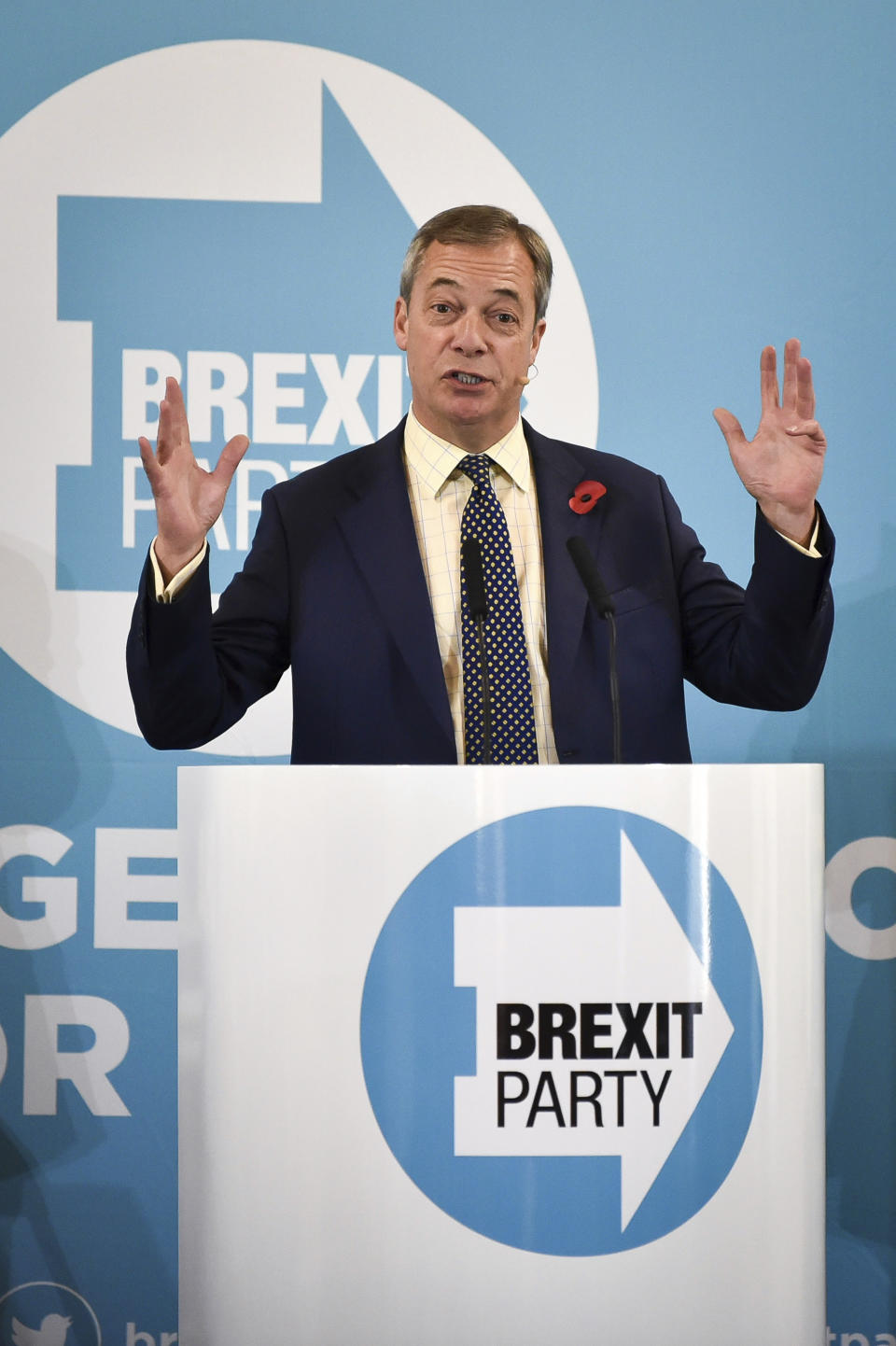 Brexit Party leader Nigel Farage speaks at a campaign rally in Pontypool, Wales, Friday Nov. 8, 2019. Britain's Brexit split with Europe is one of the main issues as the country goes to the polls in a General Election on Dec. 12. (Ben Birchall/PA via AP)