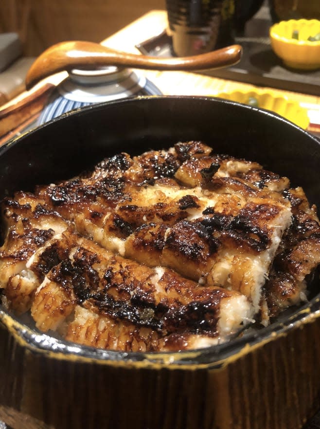 Close up of eel bowl from Unagi Tei