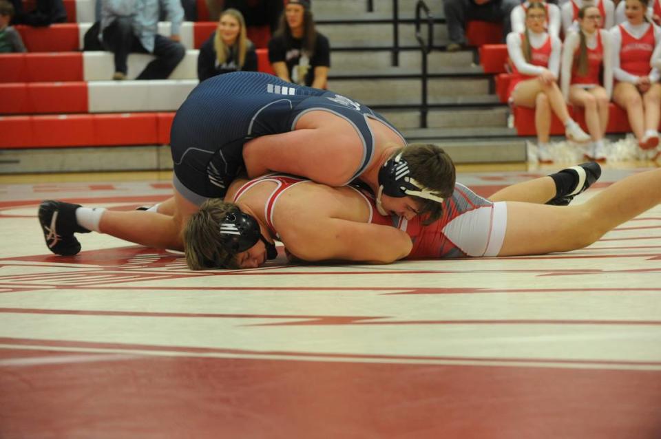 Penns Valley’s Brandon Corl controls Bellefonte’s Logan Rarrick during their 215-pound contest of the Rams’ 51-9 victory on Wednesday at Bellefonte. Corl pinned Rarrick in 5:07.