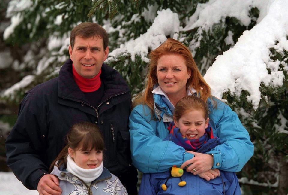 Prince Andrew, Sarah Ferguson, Princess Eugenie, and Princess Beatrice,1999