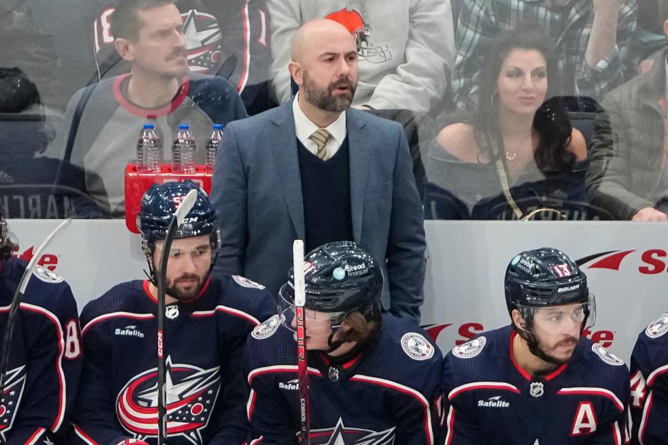 Jan 13, 2024; Columbus, Ohio, USA; Columbus Blue Jackets head coach Pascal Vincent yells from the bench during the second period of the NHL hockey game against the Seattle Kraken at Nationwide Arena.