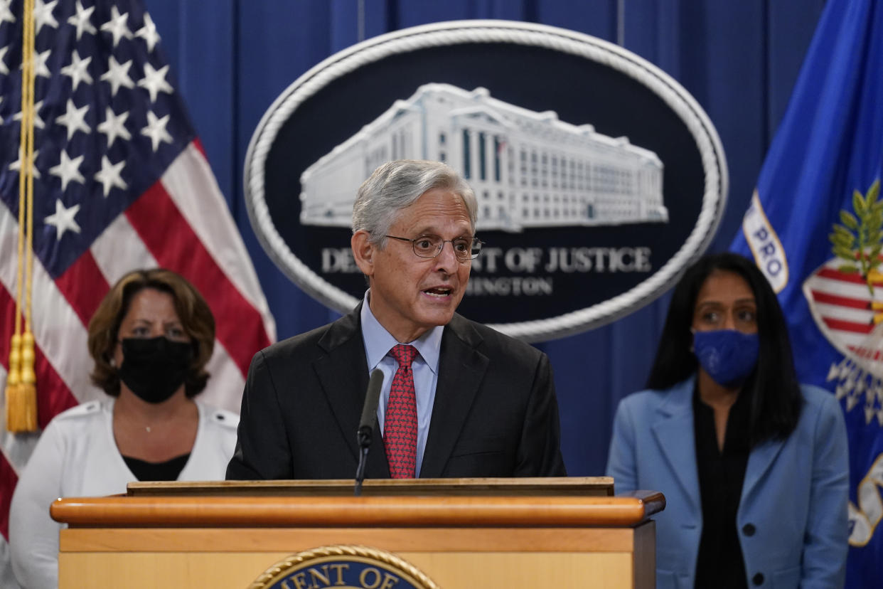 Attorney General Merrick Garland announces a lawsuit to block the enforcement of new Texas law that bans most abortions at the Justice Department in Washington, Thursday, Sept. 9, 2021. (AP Photo/J. Scott Applewhite)