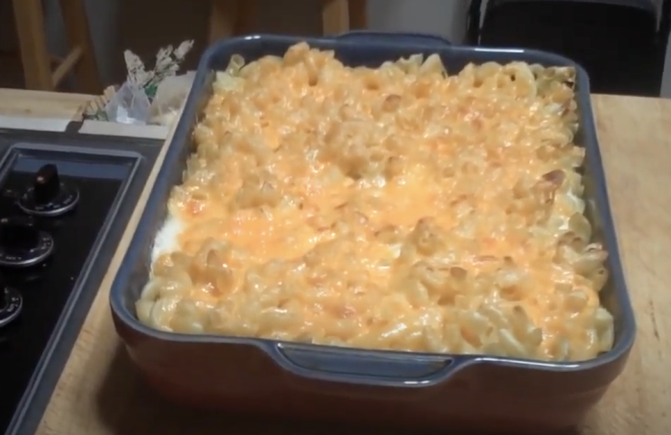Gross-looking mac and cheese in a casserole dish