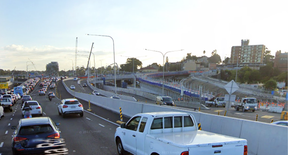 The troubled Rozelle Interchange pictured in traffic.