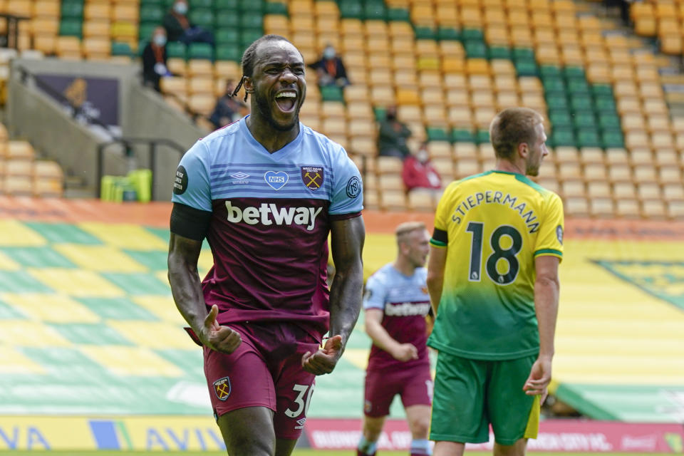 Michail Antonio scored four goals for West Ham in a 4-0 win that helped seal Norwich City's relegation. (Tim Keeton/Pool via AP)