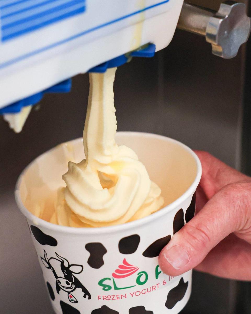 Dole Soft Serve Pineapple is dispensed on July 11, 2024, at SLO Froyo in San Luis Obispo, not far from the current residence of UC Davis graduate Kathy Westphal, who invented the product — also known as Dole Whip — in the 1980s.