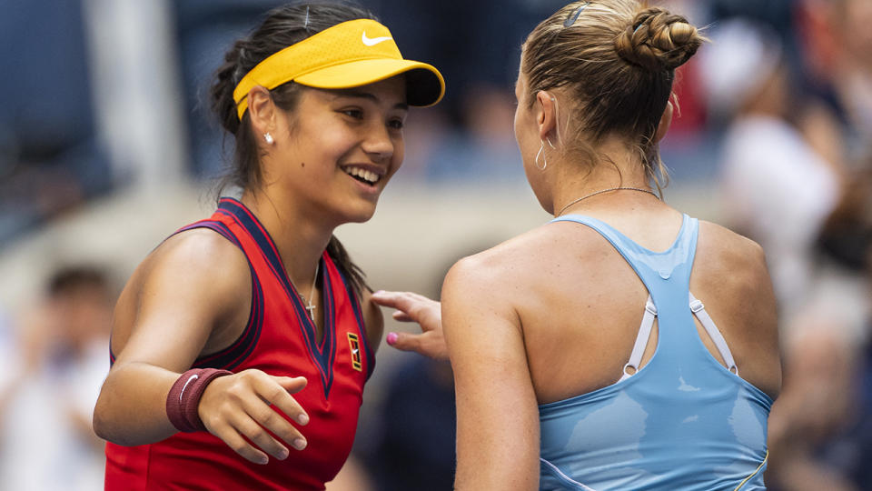 Emma Raducanu, pictured here being congratulated by Shelby Rogers after their match at the US Open.