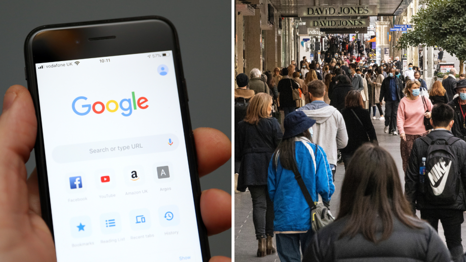 Google search on iPhone. People walking.