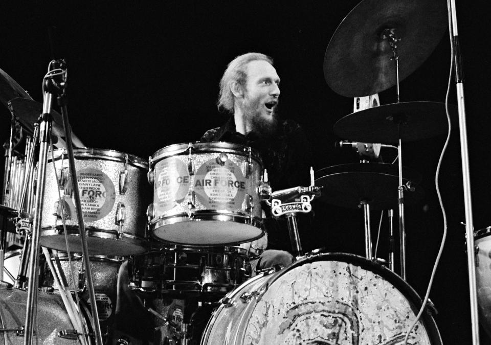 COPENHAGEN, DENMARK: Ginger Baker performs on stage with Ginger Baker's Air Force on April 4th 1970 in Copenhagen, Denmark. (Photo by Jorgen Angel/Redferns)