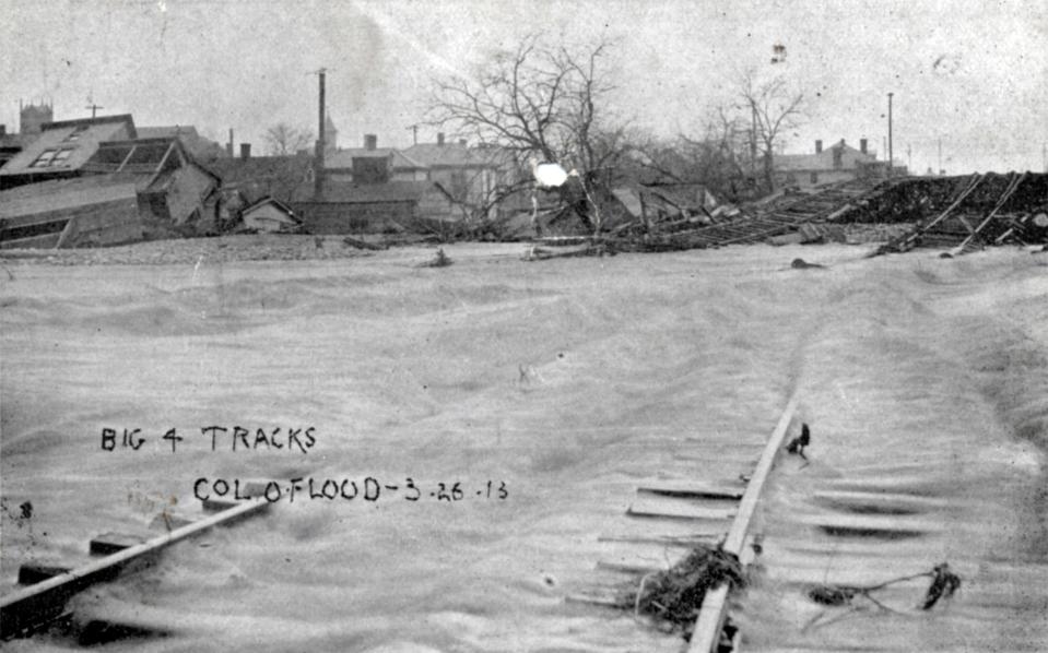 This file photo has "big 4 tracks" written on it and is dated March 26, 1913. On that day, the Scioto River flooded the West Side of Columbus, killing nearly 100 people and reportedly leaving 20,000 residents homeless. The Great Miami River flooded the Miami Valley, killing 467 across Ohio.