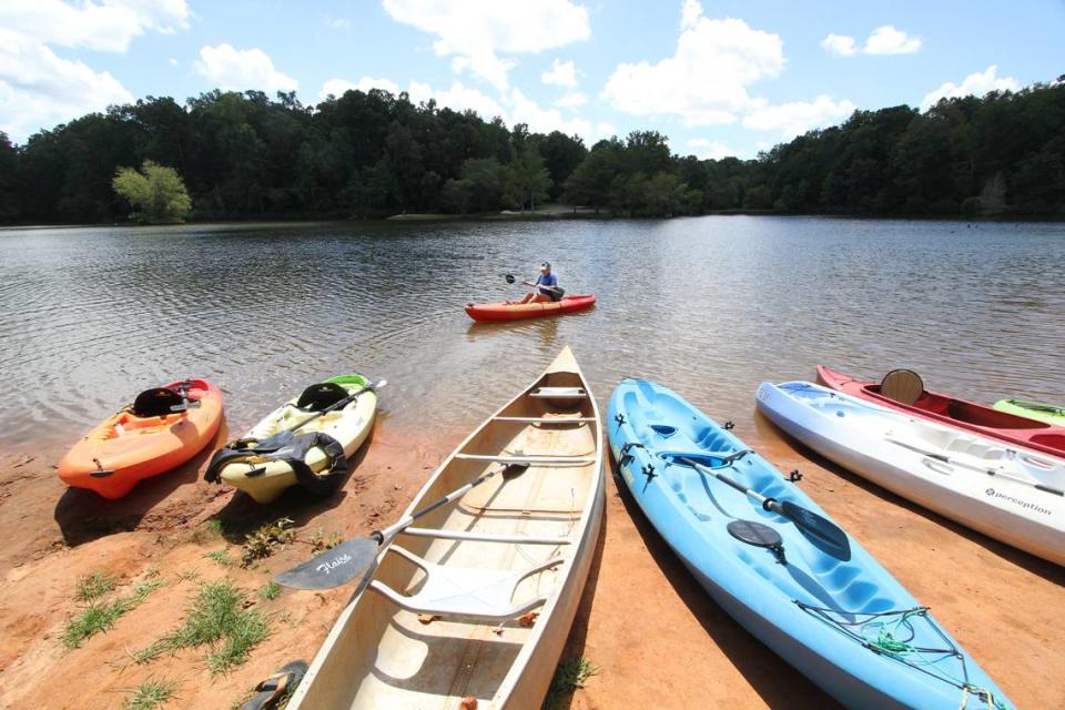 Shayna Downey kayaks on Lake Haigler at the Anne Springs Close Greenway in October, 2021.