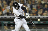 Detroit Tigers' Eric Haase hits an RBI-single against the Kansas City Royals in the sixth inning of a baseball game, Friday, Sept. 24, 2021, in Detroit. (AP Photo/Jose Juarez)