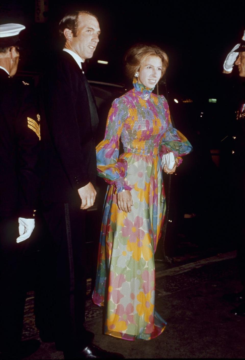 <p>Princess Anne wore a floral printed gown with a sleek updo to a film premiere in London with her husband, Mark Phillips.</p>