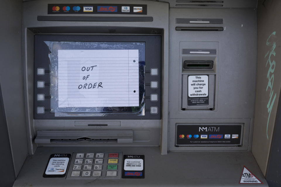 A detail of an out of order Cash dispenser (ATM) in West Norwood, south London, on 14th November 2019, in London, England. (Photo by Richard Baker / In Pictures via Getty Images)