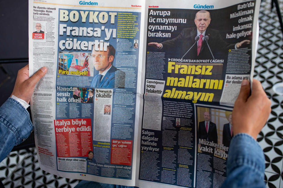 Image: The Pro-government newspaper Yeni Safak calling for a boycott of French goods, Istanbul (Yasin Akgul / AFP - Getty Images)