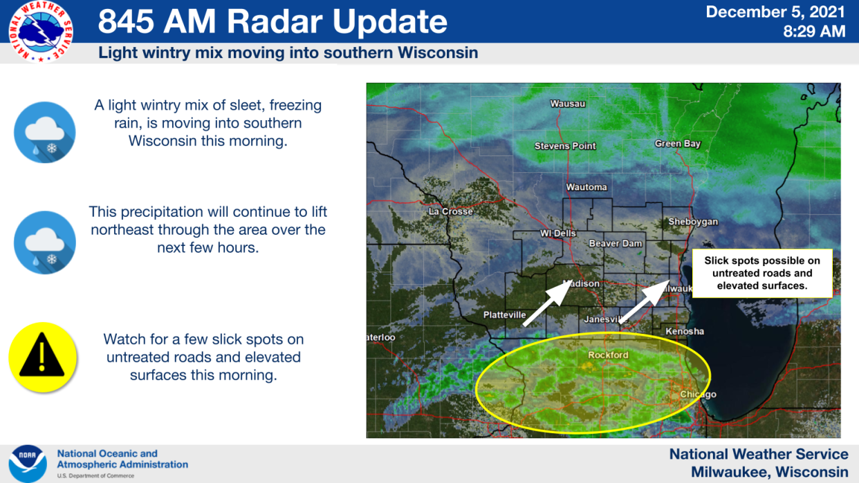 A wintry mix of snow and freezing rain was moving through the Milwaukee area Sunday morning. It was expected to turn to rain during the afternoon.