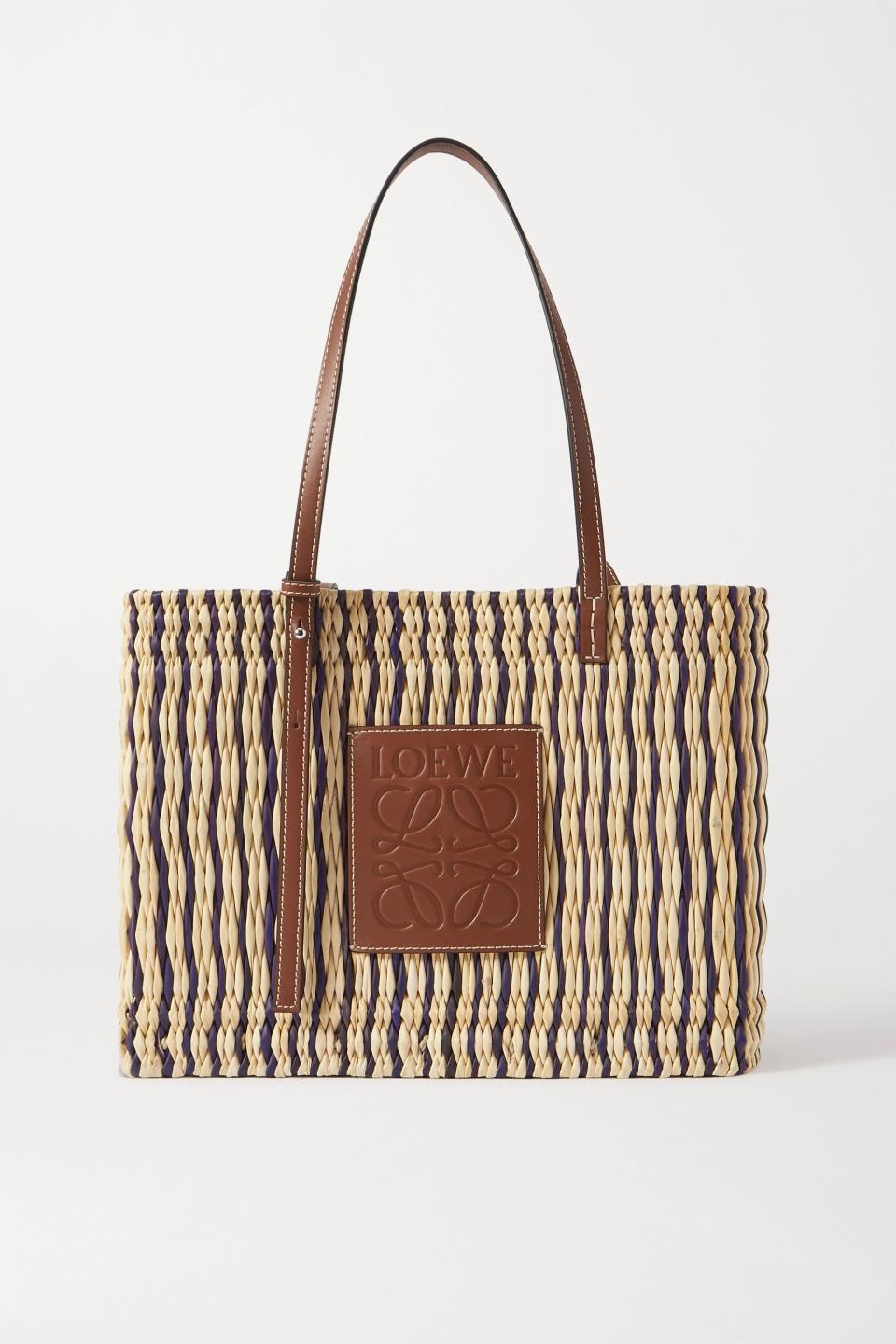 + Paula's Ibiza medium leather-trimmed striped woven raffia tote