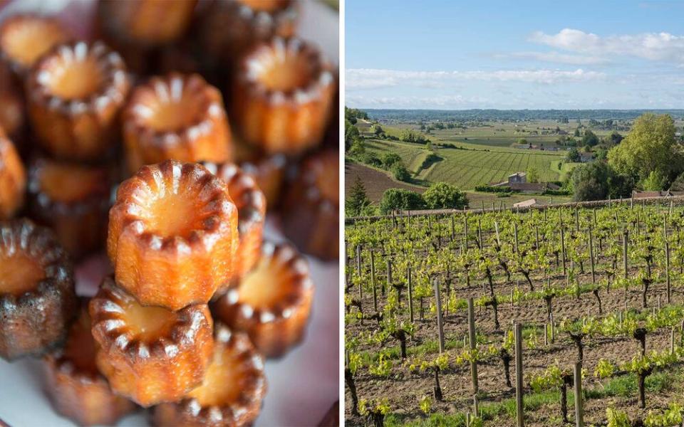 From left: Canelés at the market in the town of Libourne; vineyards outside St.-Émilion. | Céline Clanet