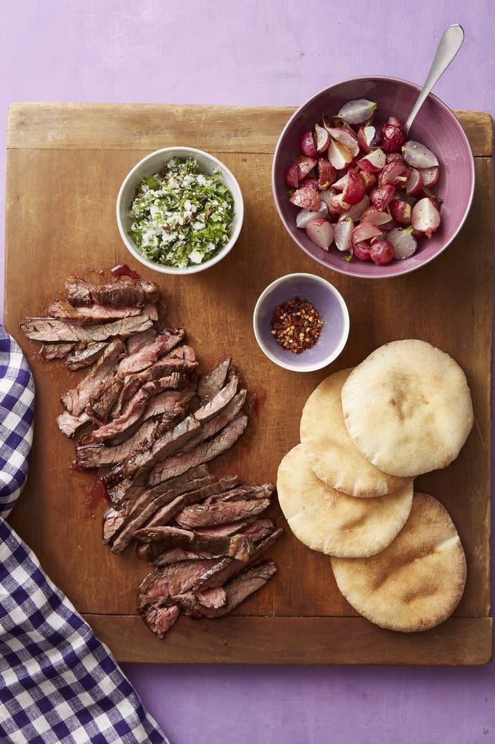 Steak and Roasted Radish Pitas With Feta Salsa