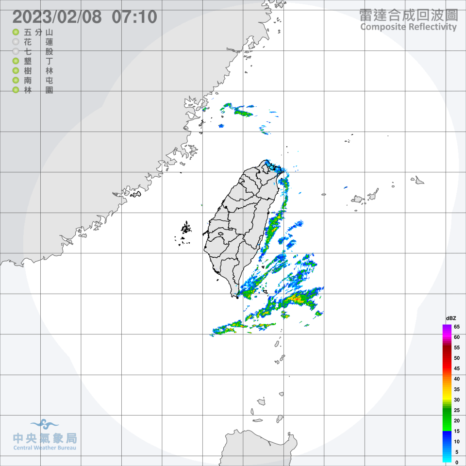 大台北東側、北海岸及東半部有局部降雨。（圖／中央氣象局）