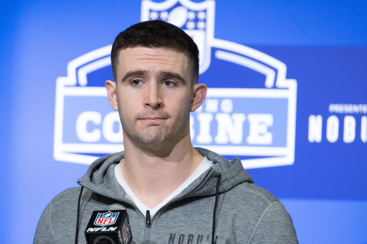 Mar 3, 2023; Indianapolis, IN, USA; Georgia quarterback Stetson Bennett (QB02) speaks to the press at the NFL Combine at Lucas Oil Stadium. Mandatory Credit: Trevor Ruszkowski-USA TODAY Sports