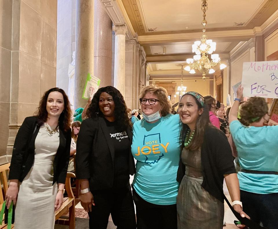 Congressional candidate Jeannine Lee Lake, second from left, participates in an abortion rights rally at the Indiana House of Representatives. / Credit: Courtesy of Jeannine Lee Lake