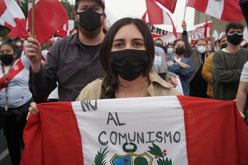 Supporters of Peru's presidential candidate Keiko Fujimori gather during a demonstration in Lima