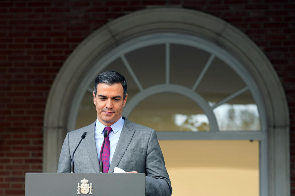 FILE - In this June 22, 2021 file photo, Spain's Prime Minister Pedro Sanchez prepares to deliver a statement at the Moncloa Palace in Madrid, Spain. Prime Minister Pedro Sanchez has overhauled his Cabinet to form what he calls "the government of the recovery" following the coronavirus pandemic.The biggest change was the exit of Carmen Calvo, Sanchez's right hand as the top-ranked deputy prime minister. Economy Minister Nadia Calvino was elevated to take her place. (AP Photo/Paul White, File)