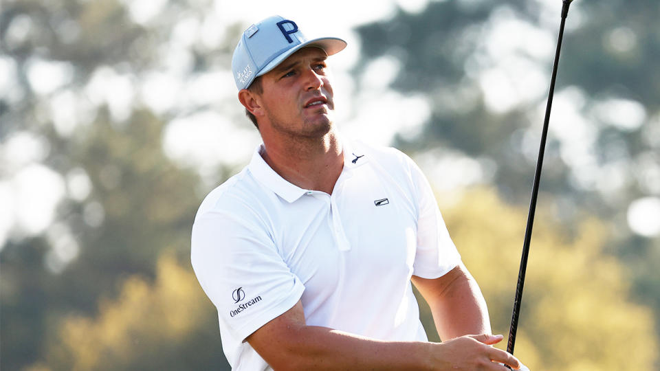 Bryson DeChambeau (pictured) hitting a shot during a practice round at Augusta National.