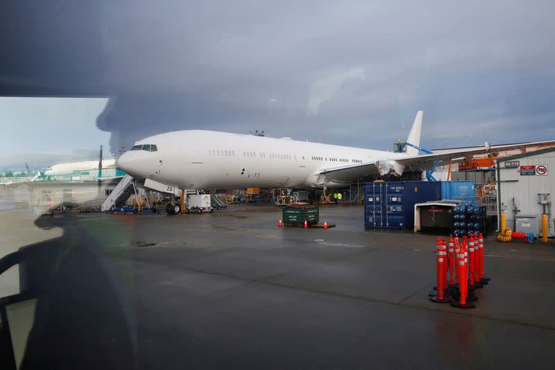 A partially completed Boeing 777X airplane is pictured at the company's plant in Everett