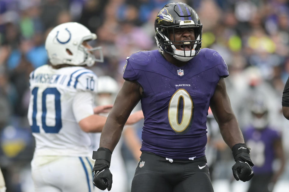 Sep 24, 2023; Baltimore, Maryland, USA; Baltimore Ravens linebacker <a class="link " href="https://sports.yahoo.com/nfl/players/30978" data-i13n="sec:content-canvas;subsec:anchor_text;elm:context_link" data-ylk="slk:Roquan Smith;sec:content-canvas;subsec:anchor_text;elm:context_link;itc:0">Roquan Smith</a> (0) reacts after a play during the second half against the <a class="link " href="https://sports.yahoo.com/nfl/teams/indianapolis/" data-i13n="sec:content-canvas;subsec:anchor_text;elm:context_link" data-ylk="slk:Indianapolis Colts;sec:content-canvas;subsec:anchor_text;elm:context_link;itc:0">Indianapolis Colts</a> at M&T Bank Stadium. Mandatory Credit: Tommy Gilligan-USA TODAY Sports
