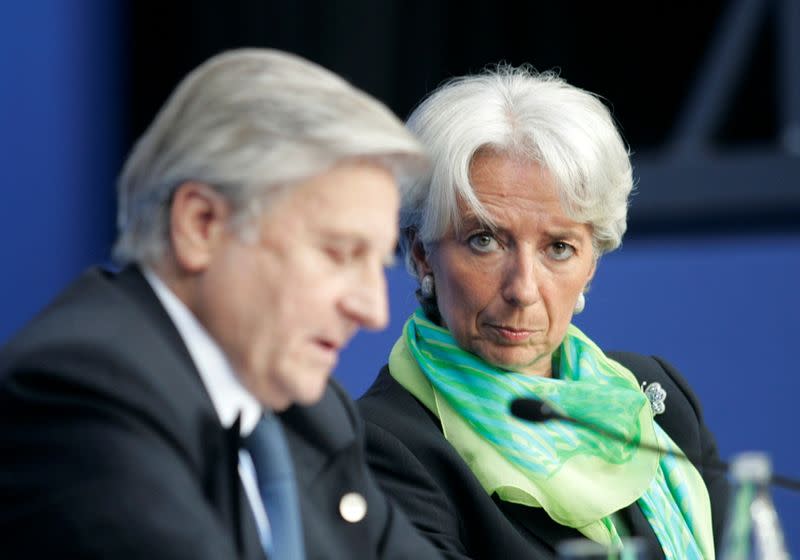 FILE PHOTO: France's Finance Minister Lagarde and ECB President Trichet attend a news conference after a Euro zone finance ministers and central bankers Eurofi conference in Nice