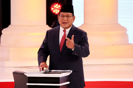 Indonesia's presidential candidate Prabowo Subianto speaks during a debate with his opponent Joko Widodo (not pictured) in Jakarta, Indonesia, February 17, 2019. REUTERS/Willy Kurniawan