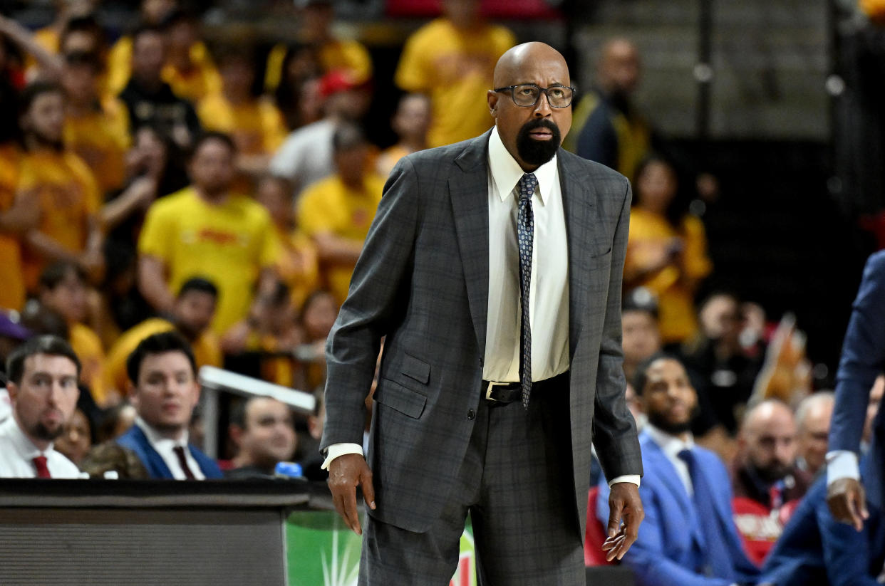 COLLEGE PARK, MARYLAND - MARCH 03: Head coach Mike Woodson of the Indiana Hoosiers watches the game against the Maryland Terrapins at Xfinity Center on March 03, 2024 in College Park, Maryland. (Photo by G Fiume/Getty Images)