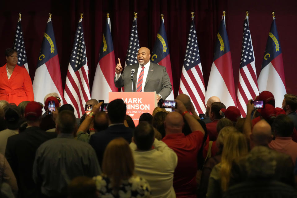 North Carolina Lt. Gov. Mark Robinson, Republican candidate for governor, speaks at an election night event in Greensboro, N.C., Tuesday, March 5, 2024. (AP Photo/Chuck Burton)