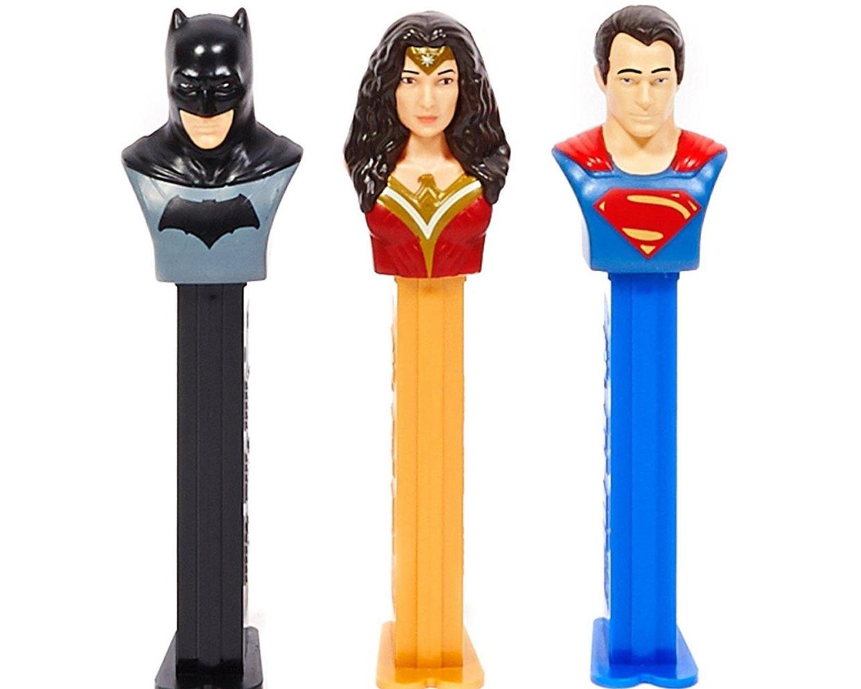 Batman, Wonder Woman, and Superman Pez dispensers