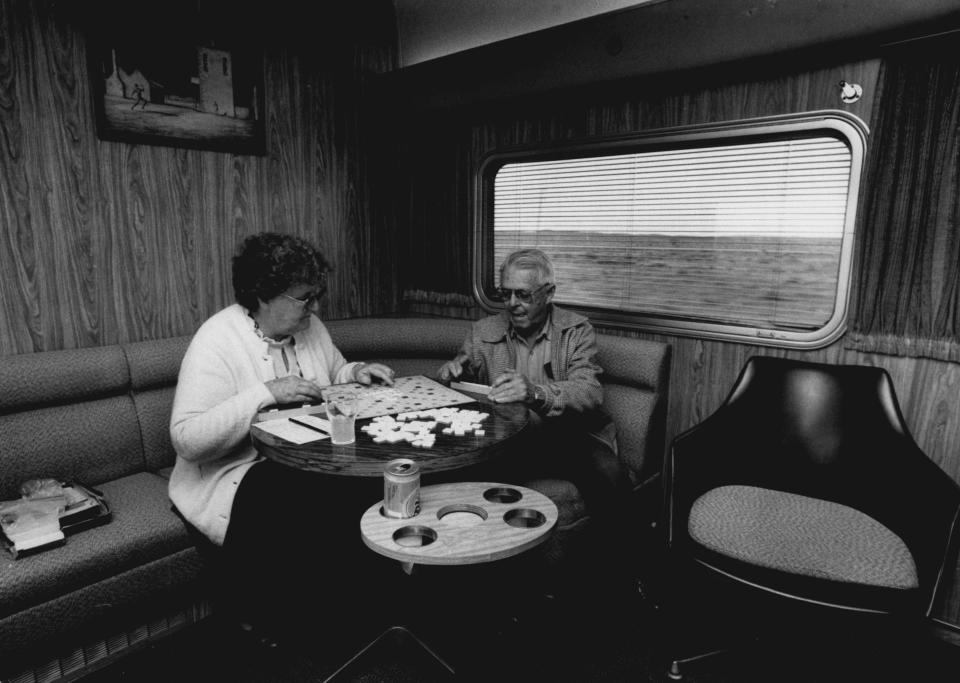 Passengers in an Indian Pacific first-class train lounge in 1992