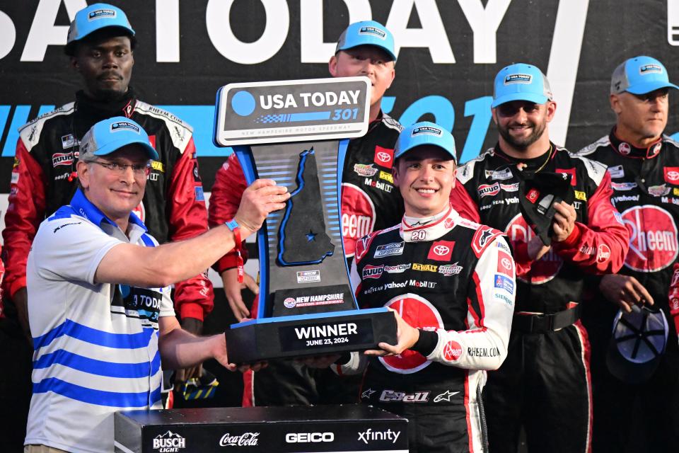 June 23: Christopher Bell celebrates after winning the USA TODAY 301 at New Hampshire Motor Speedway.