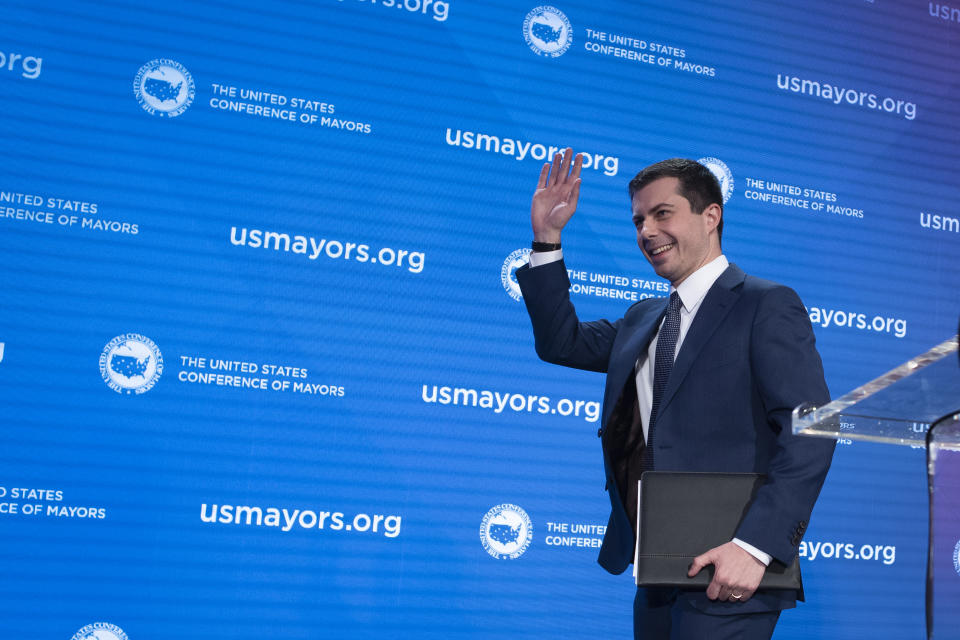 Democratic presidential candidate former South Bend, Ind., Mayor Pete Buttigieg, walks off stage after speaking at the ​U.S. Conference of Mayors' Winter Meeting, Thursday, Jan. 23, 2020, in Washington. (AP Photo/Cliff Owen)