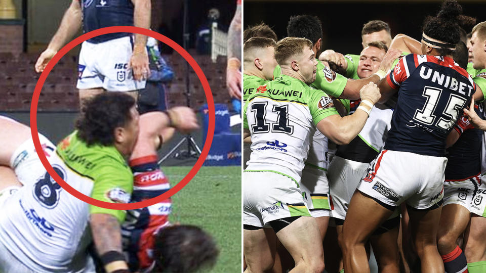 Angus Crichton hitting Josh Papalli (pictured left) in the face with a stray elbow and players brawling.