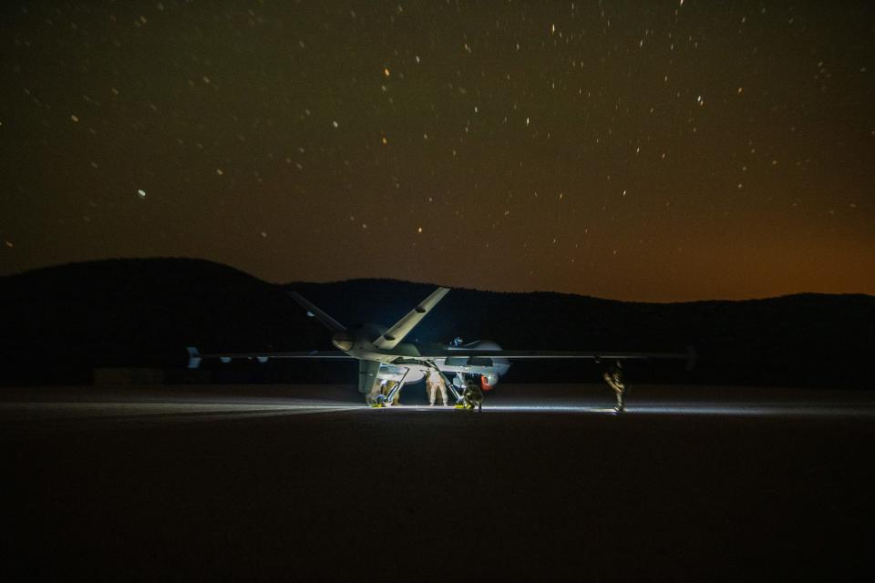 A US Air Force MQ-9 Reaper conducts the first ever MQ-9 Reaper landing on a dirt landing zone during a training exercise near Fort Stockton, Texas, June 15, 2023.