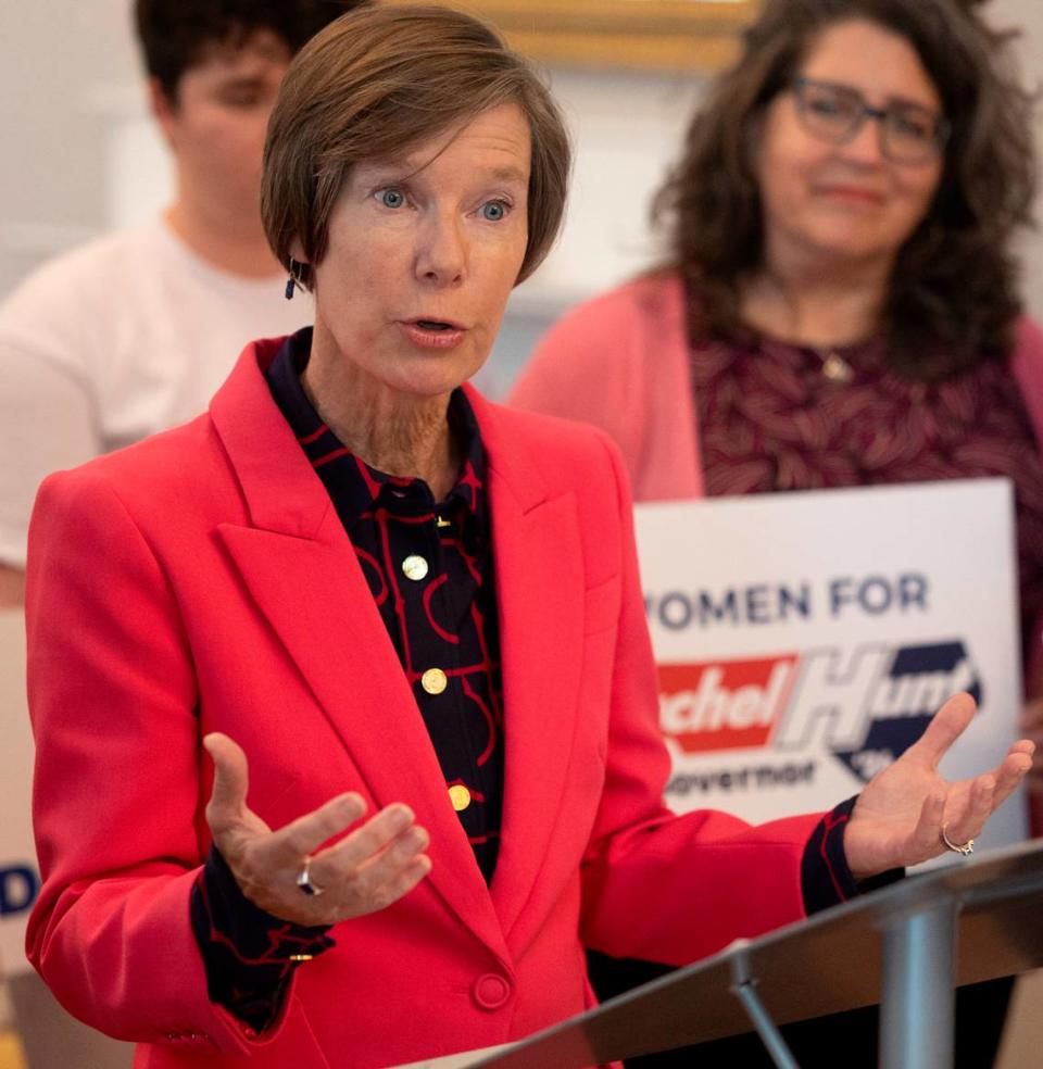 State Senator Rachel Hunt, the Democratic candidate for North Carolina Lieutenant Governor, talks abortion rights during a press conference at the North Carolina Democratic Party headquarters on Wednesday, May 15, 2024 in Raleigh, N.C.