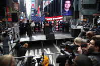 <p>Organizers take the stage at the “I am a Muslim too” rally at Times Square in New York City on Feb. 19, 2017. (Gordon Donovan/Yahoo News) </p>