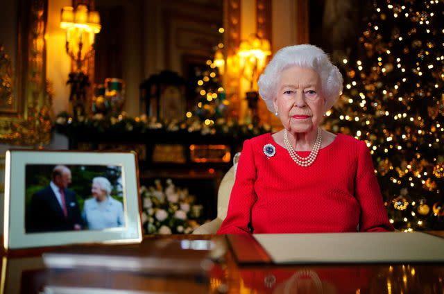 <p>Victoria Jones/Getty</p> Queen Elizabeth's Christmas broadcast in 2021