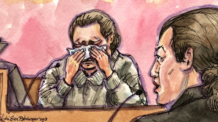 David DePape cries while testifying at his federal trial on Nov. 14, 2023. (Courtroom sketch by Vicki Behringer)