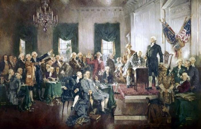 The Signing of the Constitution of the United States, with George Washington, Benjamin Franklin, and Thomas Jefferson at the Constitutional Convention of 1787; oil painting on canvas by Howard Chandler Christy, 1940. The painting is 20 by 30 feet and hangs in the United States Capitol building. (Photo: GraphicaArtis/Getty Images)