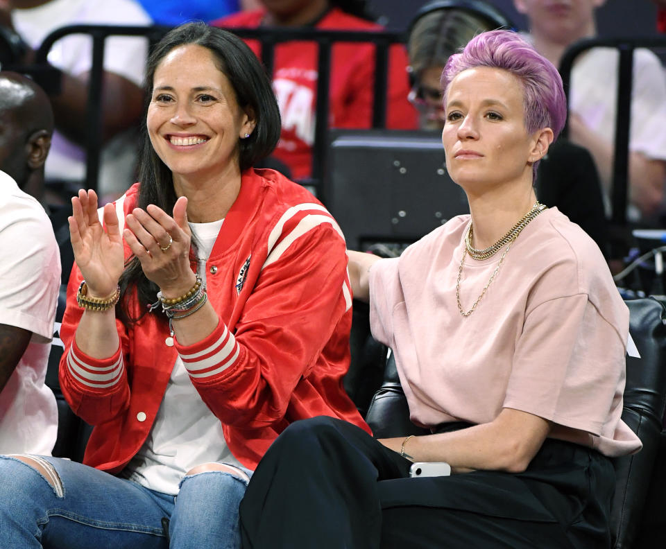 LAS VEGAS, NEVADA - JULY 27:  Sue Bird (L) of the Seattle Storm and soccer player Megan Rapinoe attend the WNBA All-Star Game 2019 at the Mandalay Bay Events Center on July 27, 2019 in Las Vegas, Nevada. NOTE TO USER: User expressly acknowledges and agrees that, by downloading and or using this photograph, User is consenting to the terms and conditions of the Getty Images License Agreement.  (Photo by Ethan Miller/Getty Images)