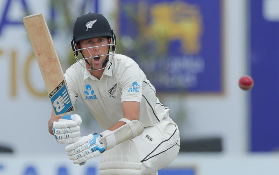 New Zealand's Trent Boult plays a shot during the fourth day of the first test cricket match between Sri Lanka and New Zealand in Galle, Sri Lanka, Saturday, Aug. 17, 2019. (AP Photo/Eranga Jayawardena)