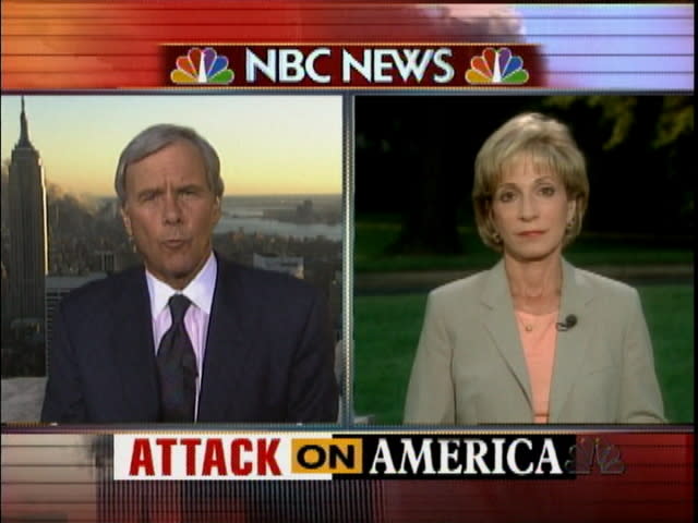 Andrea Mitchell anchoring coverage of the attacks with “Nightly News” anchor Tom Brokaw. - Credit: Courtesy Photo